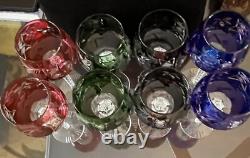 Bohemian/Czech Set of 8 Cut Crystal Wine Hocks Glasses 4 Various Colors Vintage
