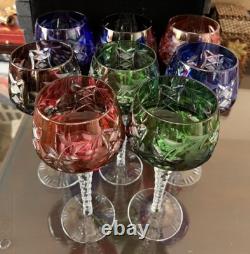 Bohemian/Czech Set of 8 Cut Crystal Wine Hocks Glasses 4 Various Colors Vintage