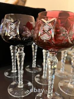 Bohemian/Czech Set of 8 Cut Crystal Wine Hocks Glasses 4 Various Colors Vintage