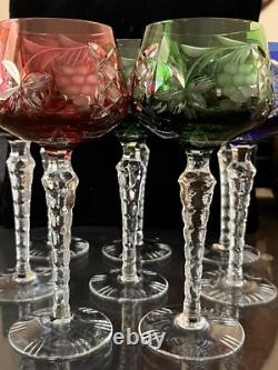 Bohemian/Czech Set of 8 Cut Crystal Wine Hocks Glasses 4 Various Colors Vintage