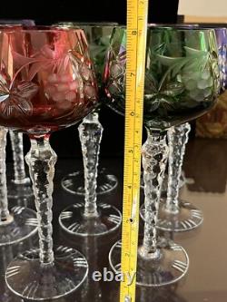 Bohemian/Czech Set of 8 Cut Crystal Wine Hocks Glasses 4 Various Colors Vintage