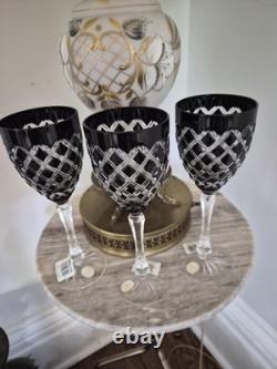 Bohemian Ebony Cut To Clear Wine Glasses 7 oz. / Lead Crystal Set Of 3