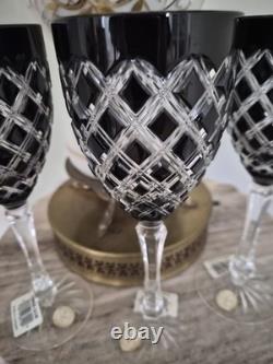 Bohemian Ebony Cut To Clear Wine Glasses 7 oz. / Lead Crystal Set Of 3