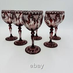 Bohemian Egermann Cut To Clear Ruby Red Wine Etched Glasses Set Vintage