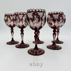 Bohemian Egermann Cut To Clear Ruby Red Wine Etched Glasses Set Vintage