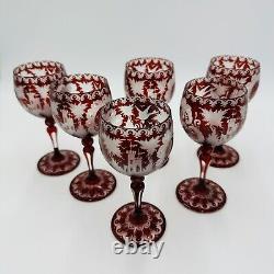 Bohemian Egermann Cut To Clear Ruby Red Wine Etched Glasses Set Vintage