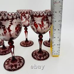 Bohemian Egermann Cut To Clear Ruby Red Wine Etched Glasses Set Vintage