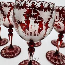 Bohemian Egermann Cut To Clear Ruby Red Wine Etched Glasses Set Vintage
