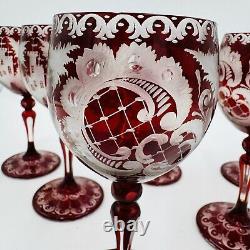 Bohemian Egermann Cut To Clear Ruby Red Wine Etched Glasses Set Vintage