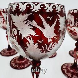 Bohemian Egermann Cut To Clear Ruby Red Wine Etched Glasses Set Vintage