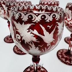 Bohemian Egermann Cut To Clear Ruby Red Wine Etched Glasses Set Vintage