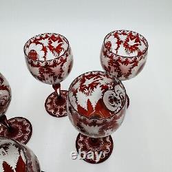 Bohemian Egermann Cut To Clear Ruby Red Wine Etched Glasses Set Vintage