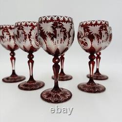 Bohemian Egermann Cut To Clear Ruby Red Wine Etched Glasses Set Vintage