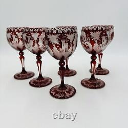 Bohemian Egermann Cut To Clear Ruby Red Wine Etched Glasses Set Vintage