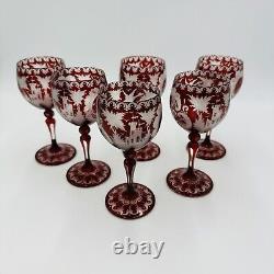 Bohemian Egermann Cut To Clear Ruby Red Wine Etched Glasses Set Vintage