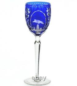 Bohemian German Eagle Bird Cobalt Blue Cut to Clear Wine Goblet Glass Vintage