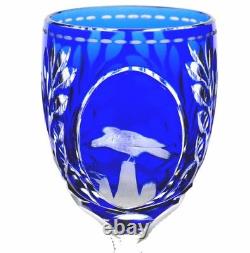 Bohemian German Eagle Bird Cobalt Blue Cut to Clear Wine Goblet Glass Vintage