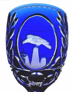 Bohemian German Eagle Bird Cobalt Blue Cut to Clear Wine Goblet Glass Vintage