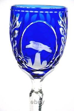 Bohemian German Eagle Bird Cobalt Blue Cut to Clear Wine Goblet Glass Vintage