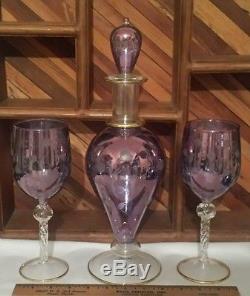 Bohemian Glass Vintage Etched Violet / Blue Wine Decanter & 2 Glasses Goblets