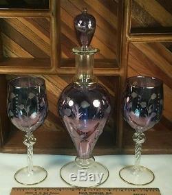 Bohemian Glass Vintage Etched Violet / Blue Wine Decanter & 2 Glasses Goblets