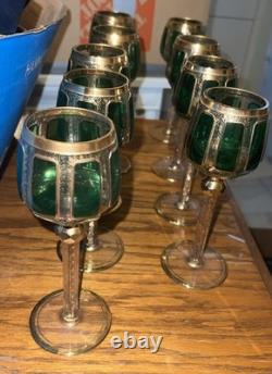 Bohemian Moser Cab Cut Glass Green & Gold Gilt Wine Goblet (ONE) Vintage/Antique