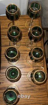 Bohemian Moser Cab Cut Glass Green & Gold Gilt Wine Goblet (ONE) Vintage/Antique