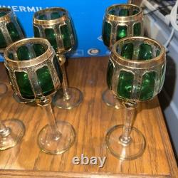 Bohemian Moser Cab Cut Glass Green & Gold Gilt Wine Goblet (ONE) Vintage/Antique