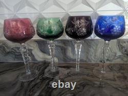 Bohemian Multicolor Crystal Wine Glasses Set 4 Czechoslovakia Grape Design Vtg