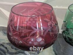 Bohemian Multicolor Crystal Wine Glasses Set 4 Czechoslovakia Grape Design Vtg