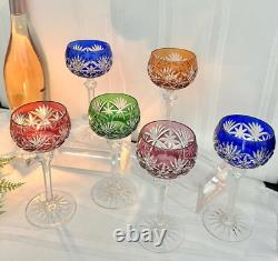 Bohemian Wine Glasses Cut To Clear Vintage Colored Drinkware 6 Oz Wine 6 Pc