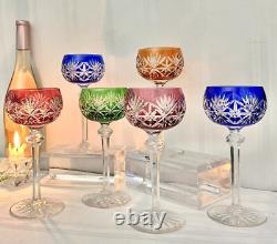 Bohemian Wine Glasses Cut To Clear Vintage Colored Drinkware 6 Oz Wine 6 Pc