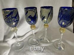 CHRISTINE RUNYON- FOUR! 4Glass Blown Stemware Wine Glasses Vintage Signed 9Tall