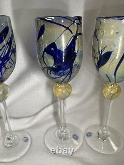 CHRISTINE RUNYON- FOUR! 4Glass Blown Stemware Wine Glasses Vintage Signed 9Tall