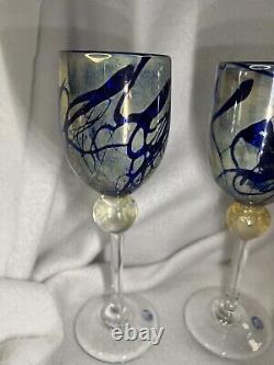 CHRISTINE RUNYON- FOUR! 4Glass Blown Stemware Wine Glasses Vintage Signed 9Tall