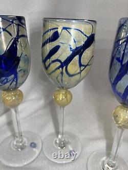 CHRISTINE RUNYON- FOUR! 4Glass Blown Stemware Wine Glasses Vintage Signed 9Tall
