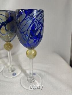 CHRISTINE RUNYON- FOUR! 4Glass Blown Stemware Wine Glasses Vintage Signed 9Tall