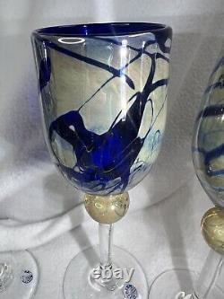 CHRISTINE RUNYON- FOUR! 4Glass Blown Stemware Wine Glasses Vintage Signed 9Tall