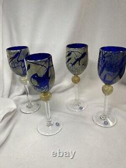 CHRISTINE RUNYON- FOUR! 4Glass Blown Stemware Wine Glasses Vintage Signed 9Tall