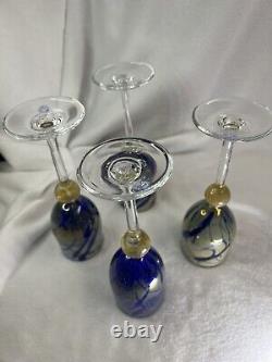 CHRISTINE RUNYON- FOUR! 4Glass Blown Stemware Wine Glasses Vintage Signed 9Tall