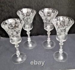 Cambridge Glass Vintage Set of 4 Large Wine Glasses 8 x 4 inches, Etched Floral