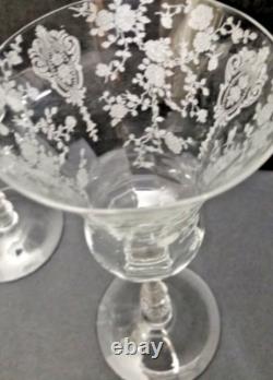Cambridge Glass Vintage Set of 4 Large Wine Glasses 8 x 4 inches, Etched Floral