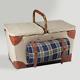 Canvas Leather Picnic Basket Vintage Retro Hamper Set Flatware and Wine Glasses