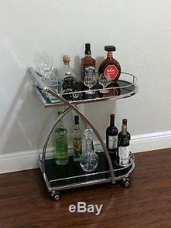 Cart Serving Bar Vintage Tray Roll Glass Chrome Drink Wine Tea Beverage Kitchen