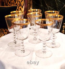 Charming Vintage Set Of 8 Gold Rim Crystal Wine Glasses, 6.25'
