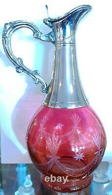 Cranberry Red Cut Glass Claret Wine Jug Silver Plated Decanter Carafe Vintage