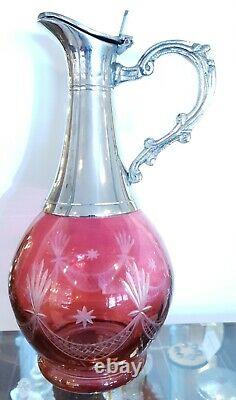 Cranberry Red Cut Glass Claret Wine Jug Silver Plated Decanter Carafe Vintage