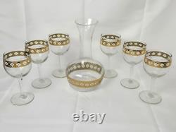Culver Valencia Carafe + 6 wine glasses SET 22k Gold Green Diamond Vintage