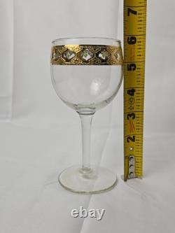 Culver Valencia Carafe + 6 wine glasses SET 22k Gold Green Diamond Vintage