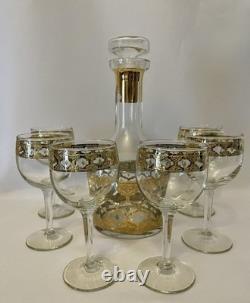 Culver Valencia Decanter and 6 Wine Goblets Glasses 1960s MCM 22K Gold